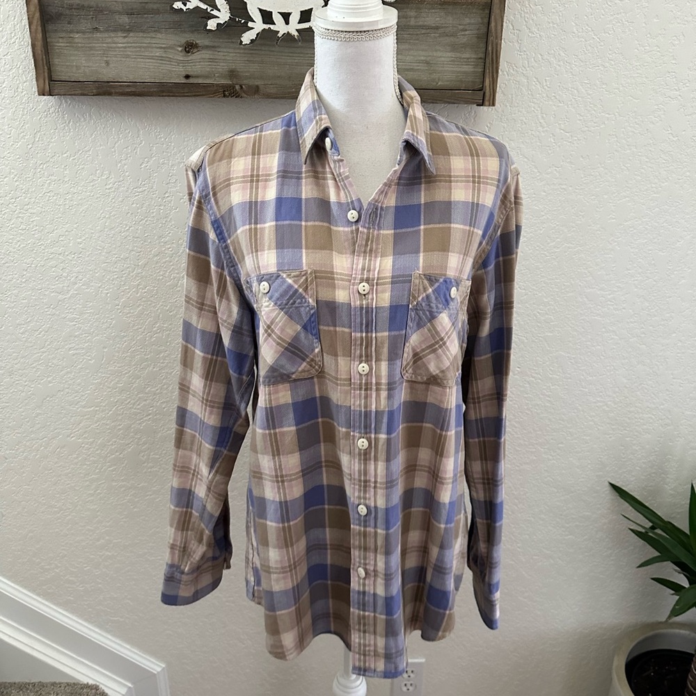 J. Crew 100% cotton plaid button down purple flannel shirt ladies size Medium